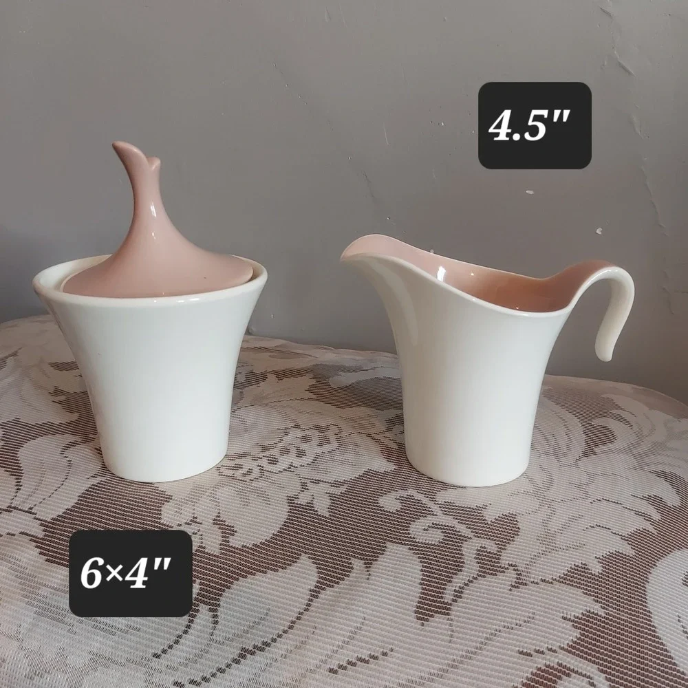 Vintage Harkerware MCM White and Pink Ceramic Creamer & Sugar Bowl Set 2-Tone